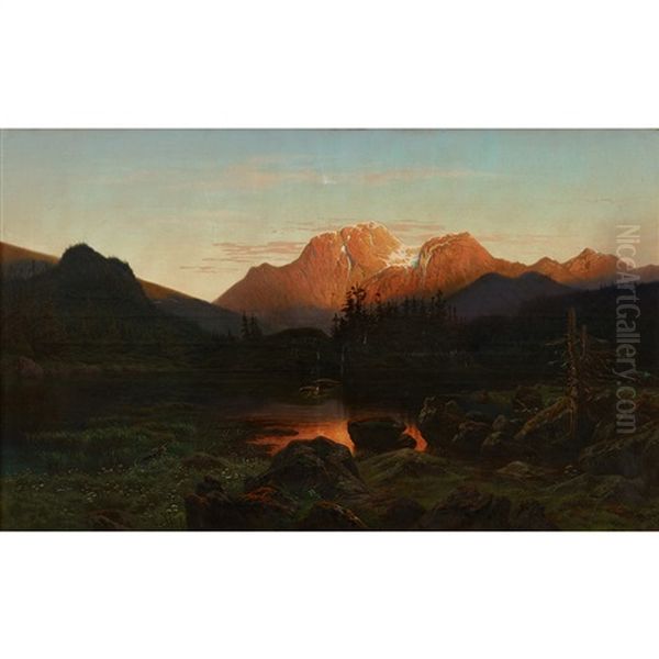 Alpine Landscapes: Dawn With Bird In Flight - Midday With Heard Of Goats (pair) Oil Painting by Jean Francois Xavier Roffiaen