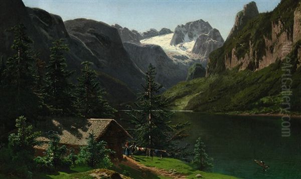 Gebirgssee Mit Bauernhaus Und Figurenstaffage Oil Painting by Jean Francois Xavier Roffiaen