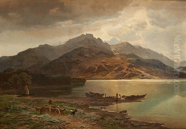 Vue Prise De Heren Insen Au Lac De Chien En Haute Baviere, Temps Orageux Oil Painting by Jean Francois Xavier Roffiaen