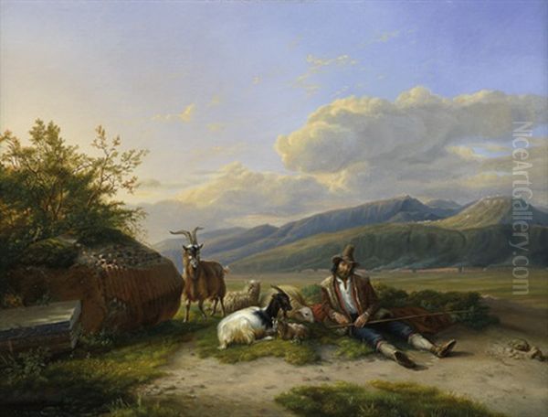 Rastender Hirte Mit Seinen Schafen Und Ziegen In Einer Campagnalandschaft Oil Painting by Jean Francois Xavier Roffiaen