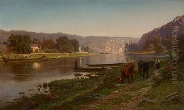 Au Bord De La Meuse, A Waulsort Pres De Dinant Le Matin Oil Painting by Jean Francois Xavier Roffiaen