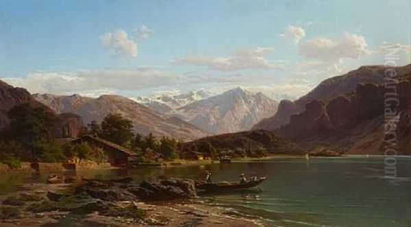 An Alpine Lake With Figures In A Boat In The Foreground Oil Painting by Jean Francois Xavier Roffiaen