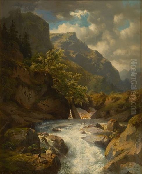 Chevres Au Bord De La Cascade Oil Painting by Jean Francois Xavier Roffiaen