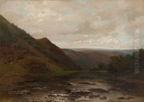 Bords De Meuse Avec Pecheur Et Troupeau Oil Painting by Jean Francois Xavier Roffiaen