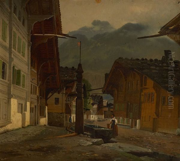 Village De Meymingen En Suisse Oil Painting by Jean Francois Xavier Roffiaen