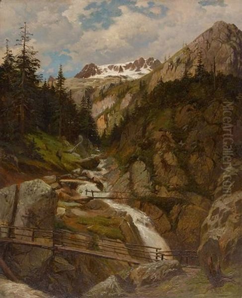 Chute De L'erlenbach Dans L'aar (oberland-bernois) Oil Painting by Jean Francois Xavier Roffiaen