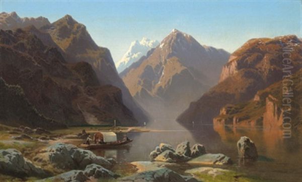 Gebirgssee Mit Figurlicher Staffage Oil Painting by Jean Francois Xavier Roffiaen