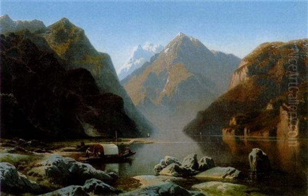 Blick Auf Den Klonthalersee Mti Kleinem Ruderboot Oil Painting by Jean Francois Xavier Roffiaen