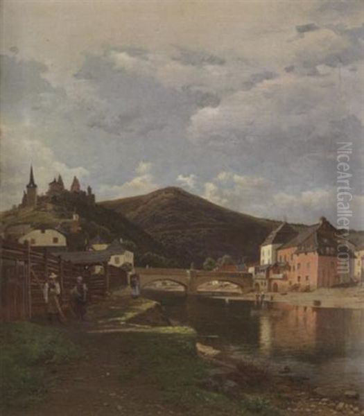 Vianden Au Bord De L'our Au Grand Duche Du Luxembourg.  La Maison Blanche A Droite Fut Habitee Par Victor Hugo Oil Painting by Jean Francois Xavier Roffiaen