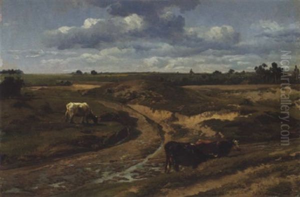 Cattle Grazing By A Sandy Track In Summer Near Genck Oil Painting by Jean Francois Xavier Roffiaen