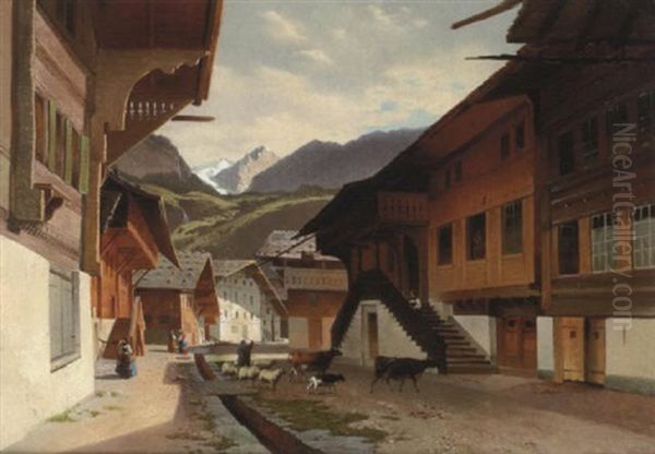 Troupeau Traversant Le Village De Meyringen Oil Painting by Jean Francois Xavier Roffiaen