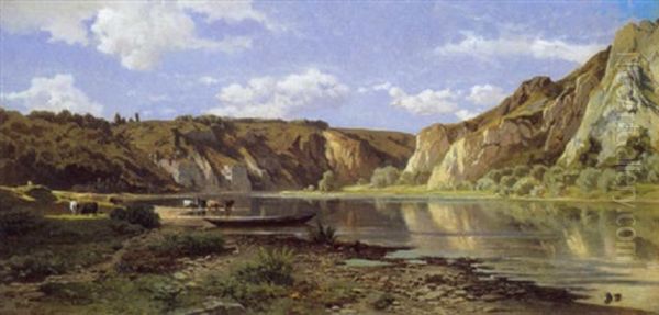 Au Bord De La Meuse, A Waulsort Pres Dinant Oil Painting by Jean Francois Xavier Roffiaen