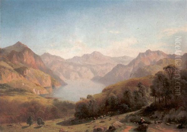 Gebirgssee Oil Painting by Jean Francois Xavier Roffiaen