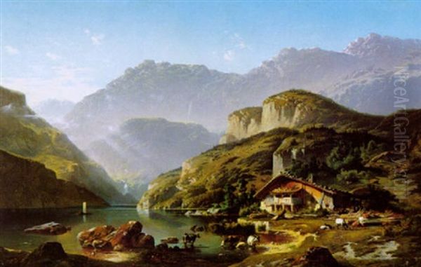 Paysage De Montagne Avec Lac Oil Painting by Jean Francois Xavier Roffiaen