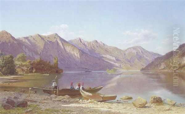 Fiskerbade Ved Brienzersoen Oil Painting by Jean Francois Xavier Roffiaen