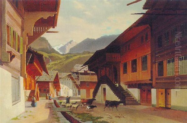 Village De Meyringen En Suisse Oil Painting by Jean Francois Xavier Roffiaen