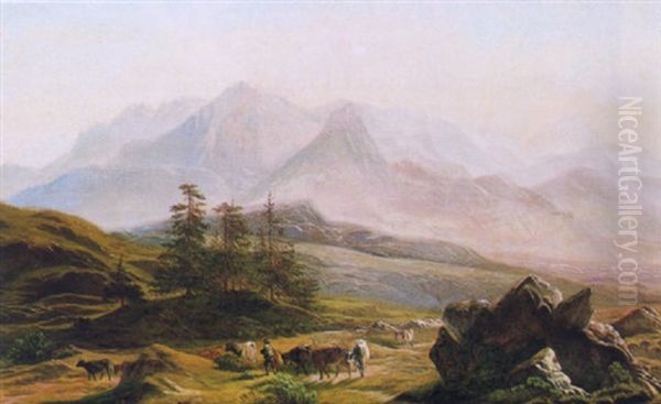 Herder With His Cattle In An Extensive Mountain Landscape Oil Painting by Jean Francois Xavier Roffiaen