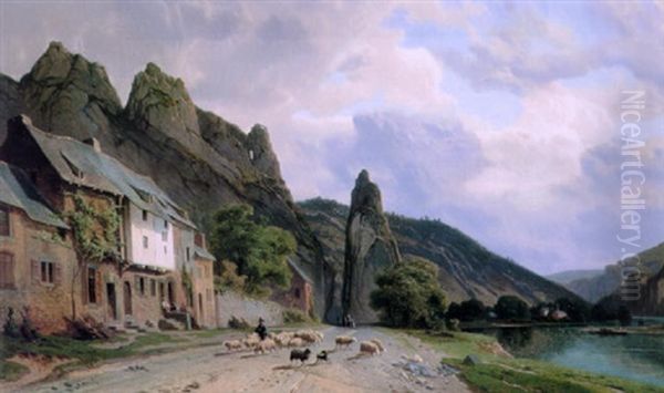 Shepherd With His Flock In A Mountainous River Landscape Oil Painting by Jean Francois Xavier Roffiaen