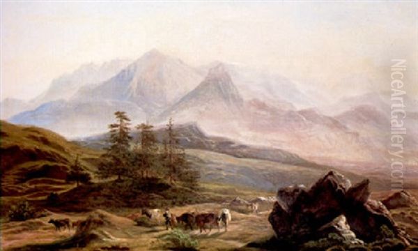 Herder With His Cattle In An Extensive Mountain Landscape Oil Painting by Jean Francois Xavier Roffiaen