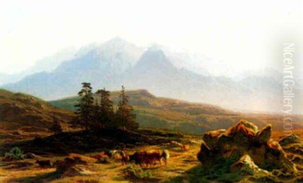 Cows In A Mountainous Landscape Oil Painting by Jean Francois Xavier Roffiaen