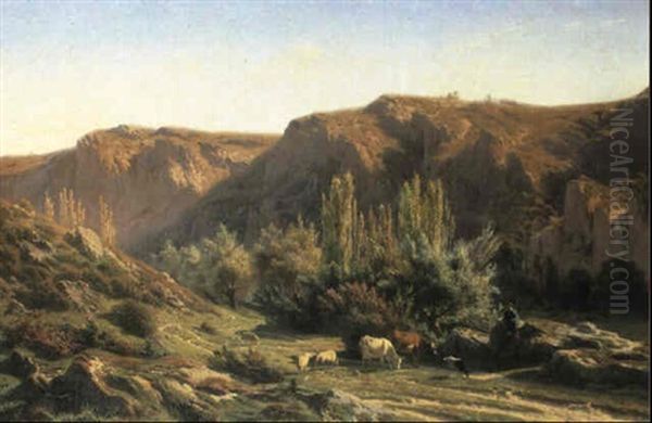 Herder With His Cattle In A Mountainous Landscape Oil Painting by Jean Francois Xavier Roffiaen