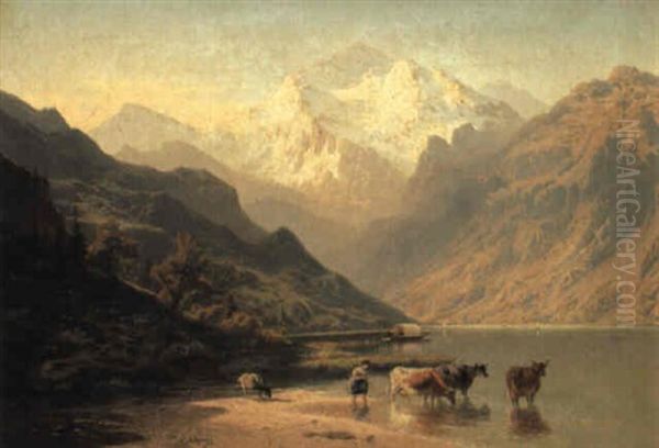 Berger Au Bord De Lac Oil Painting by Jean Francois Xavier Roffiaen