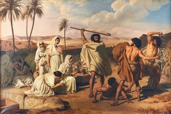 Moses Defending The Daughters Of Jethro At The Well Oil Painting by Eugene Roger