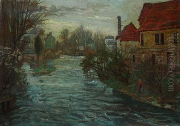 Paysage Fluvial Aux Toits Rouges Oil Painting by Guillaume Georges Roger