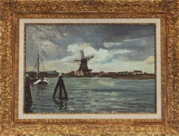 Harbor Scene With Windmill Oil Painting by Guillaume Georges Roger