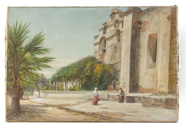 Two Figures Outside San Gabriel Mission Oil Painting by Charles Albert Rogers