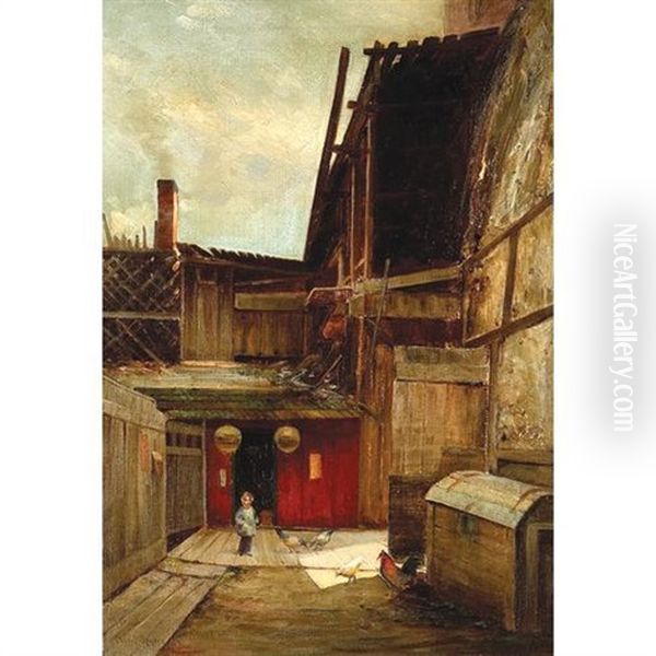 Feeding The Chickens, Chinatown Oil Painting by Charles Albert Rogers