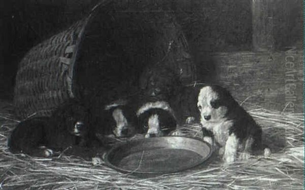 Puppies In A Stable Oil Painting by Franklin Whiting Rogers