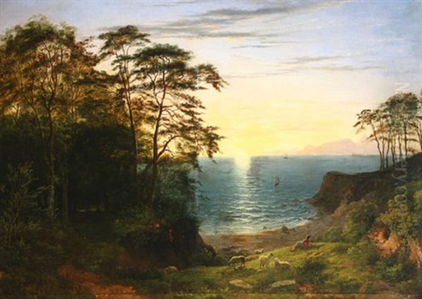 Coastal Landscape With Sheep And Shepherd Oil Painting by Philip Hutchins Rogers