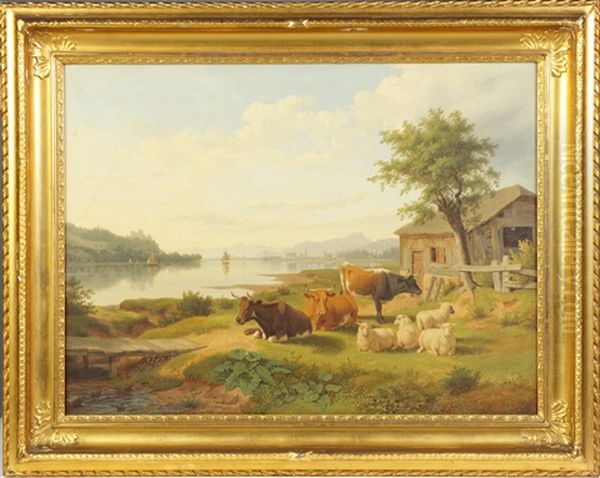 Lake Scene With Animals Oil Painting by Philip Hutchins Rogers