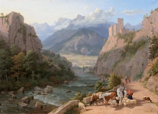 Paysage De Montagne, Chemin Anime Longeant Un Torrent Oil Painting by Philip Hutchins Rogers