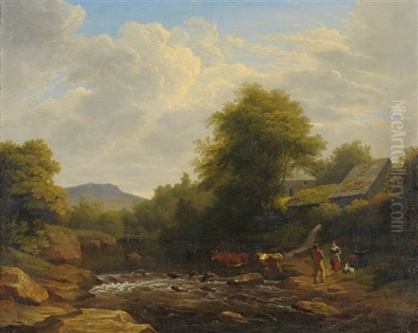 River Landscape With A Drover And Cattle Oil Painting by Philip Hutchins Rogers