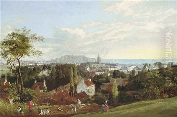 View Of St. Helier, Jersey, With Fort Regent And Elizabeth Castle In St. Aubin's Bay Beyond Oil Painting by Philip Hutchins Rogers