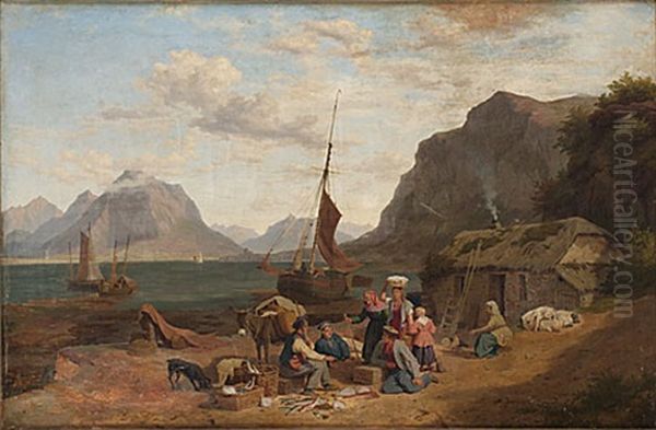 Kustlandskap Med Rastande Sallskap Vid Bat Oil Painting by Philip Hutchins Rogers