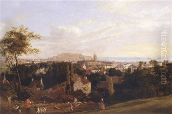 View Of St. Helier, Jersey, With Fort Regent And Elizabeth Castle In St. Aubin's Bay Beyond Oil Painting by Philip Hutchins Rogers