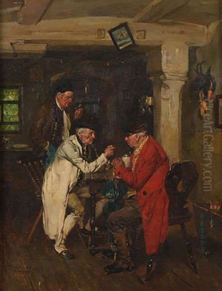 Drei Alte Herren Im Biedermeiergewand Diskutieren In Der Wirtsstube Oil Painting by Wilhelm Roegge the Younger