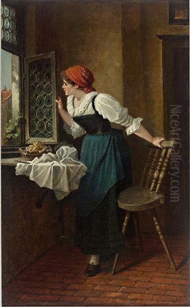 Junges Madchen In Tracht Blickt Erwartungsvoll Aus Dem Fenster. Auf Dem Tisch Die Abgelegte Handarbeit Oil Painting by Wilhelm Roegge the Younger