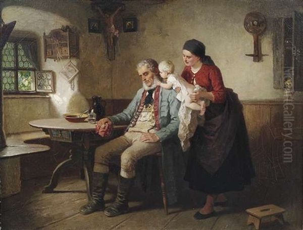 Grosvaters Liebling. Im Stubeninterieur Weckt Ein Kleinkind Den Eingeschlafenen Grosvater Oil Painting by Wilhelm Roegge the Younger