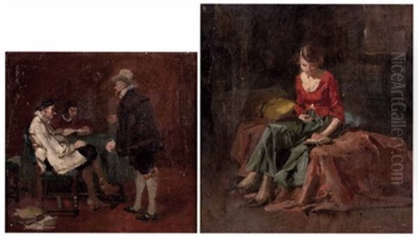 Junge Frau Mit Buch Am Sofa Sitzend (+ Besuch In Der Anwaltskanzlei; 2 Works) Oil Painting by Wilhelm Roegge the Younger