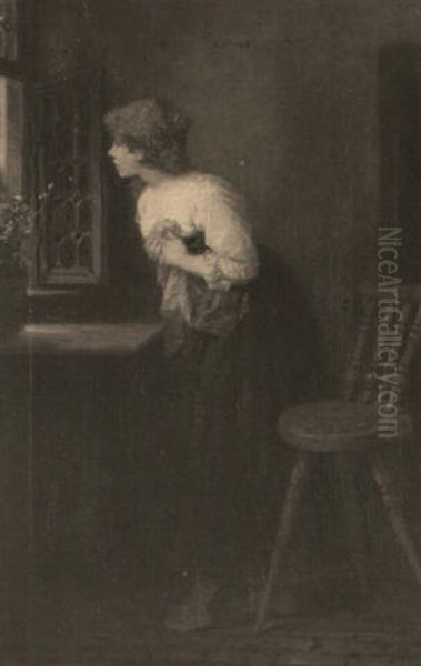 Madchen Mit Rotem Kopftuch Am Geoffneten Fenster by Wilhelm Roegge the Younger