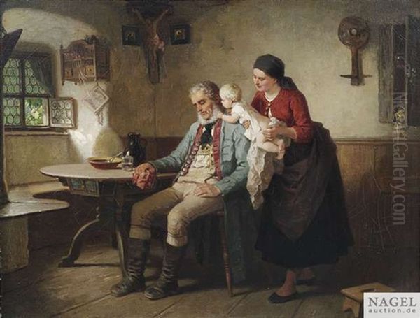 Grosvaters Liebling. Im Stubeninterieur Weckt Ein Kleinkind Den Eingeschlafenen Grosvater Oil Painting by Wilhelm Roegge