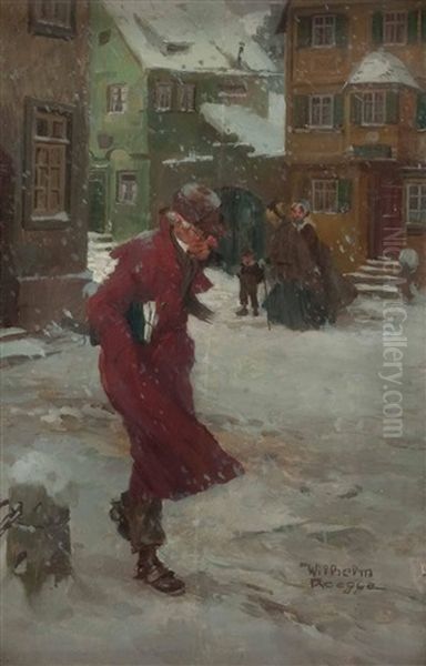 Sturmischer Winterabend In Der Munchner Innenstadt Mit Figurenstaffage Oil Painting by Wilhelm Roegge