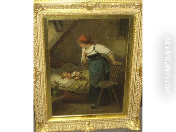 Interior With Sleeping Child Oil Painting by Wilhelm Roegge