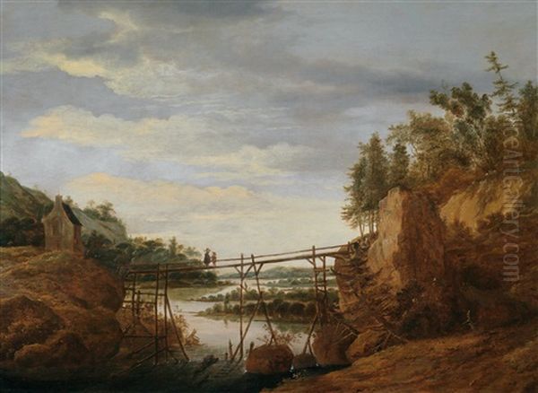 Sich Unterhaltende Figuren Auf Einer Brucke In Einer Felsigen Landschaft Oil Painting by Roelant Roghman