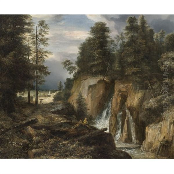 Rocky Landscape With A Waterfall And Two Figures Resting Oil Painting by Roelant Roghman