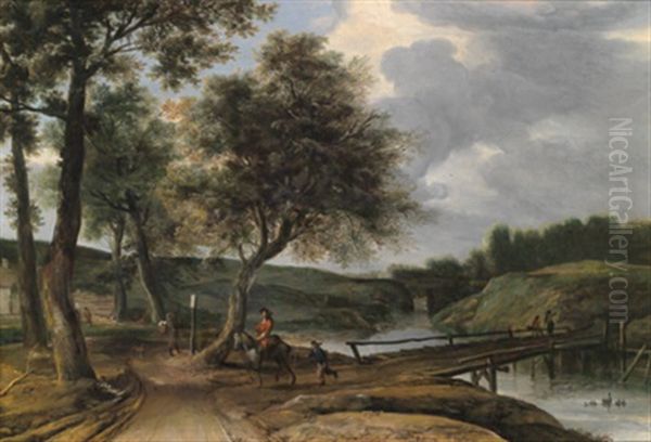 Flusslandschaft Mit Reiter Bei Einer Brucke Oil Painting by Roelant Roghman